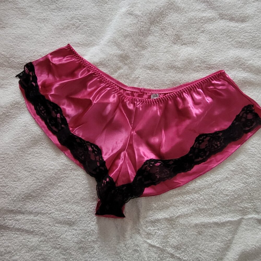 NWOT 3-Piece Pink Satin Pajama: Wraparound Top, Shorts, Pants - Picture 7 of 10